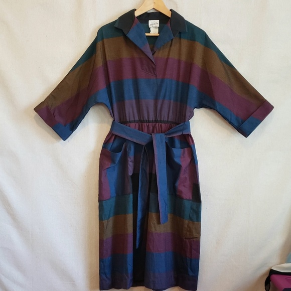 Vintage Dresses & Skirts - Vintage Batwing Awesome 80s Striped Dress rare  L